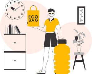 Ecology conservation concept. The guy is holding an eco package in his hands. Lineart style.