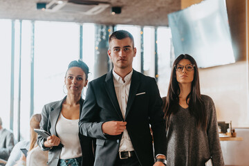 Obraz premium Group of successful business people standing together at office.