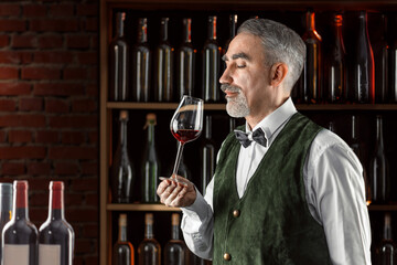 Sommelier with a glass of wine. Examination of wine products. Restaurant staff, expert wine steward among shelves of wine bottles. Stylish middle-aged man with a grey beard