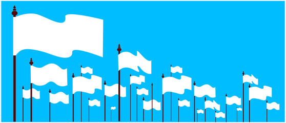 White flags on blue sky. Peace white flags vector.