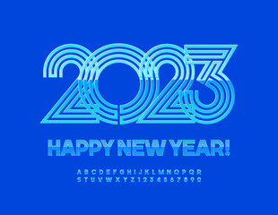 Vector stylish Greeting Card Happy New Year 2023! Bright Blue Font. Trendy Alphabet Letters and Numbers set