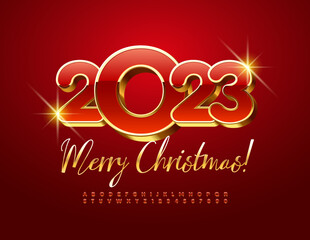 Vector luxury Merry Christmas 2023 Greeting Card. Red and Golden 3D Font. Stylish Alphabet. Stylish Calligraphic Font.