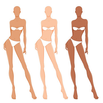 Fashion models posing, vector illustration. Woman body templates. Nine-head fashion female different skin tones colored croquis,  vector set.