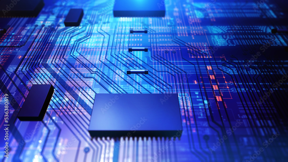 Aufkleber High Technology CPU on a Complex Circuit Microchip Board Surface. Digital close-up of a high-tech microchip and electronic circuits, symbolizing innovation and modern technology. 3d rendering