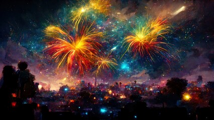 Obraz premium Realistic colorful explosion of fireworks over the night city