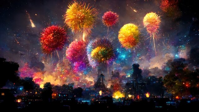 Realistic colorful explosion of fireworks over the night city