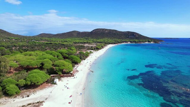 Best beaches of Corsica island. Aerial drone video of three beaches near Porto Vecchio - Palombaggia, Tamaricciu, Folaca with turquoise sea and white sand