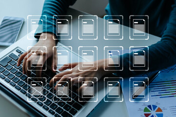 DMS. people hand using laptop computer with virtual database file icon, document management system, digital marketing, cloud computing, business finance, internet, network technology concept