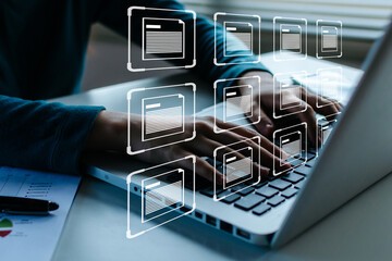 business people hand using laptop computer with virtual database file icon, document management...