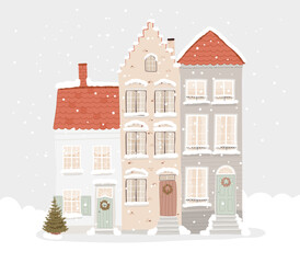 Isolated three European houses with Christmas decorations and a Christmas tree. Snowy old town landscape. Hand-drawn vector illustration in flat style