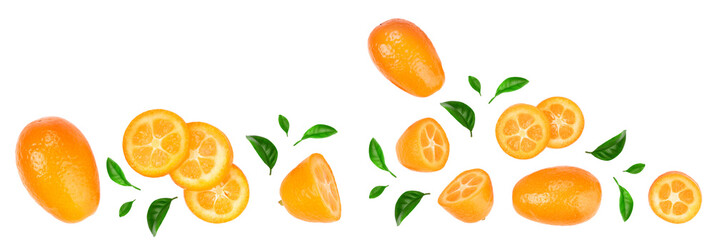 Cumquat or kumquat with slices isolated on white background with copy space for your text. Top view. Flat lay