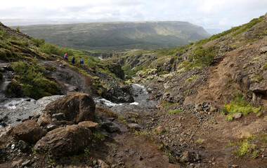 Fototapeta na wymiar Hiking back from the Glymur waterfall in Iceland.