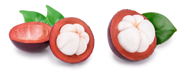 ripe mangosteen with leaf isolated on white background closeup