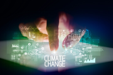 Finger touching tablet with web technology icons concept