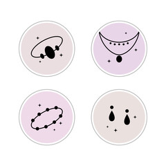 Set of icon for jewelry store. Ring, necklace, bracelet and earrings. Isolated on white background.