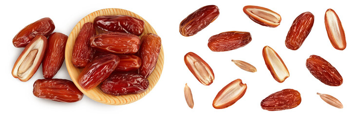 Dates in wooden bowl isolated on white background. Top view. Flat lay