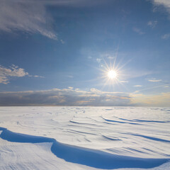 winter snowbound plain in light of sparkle sun