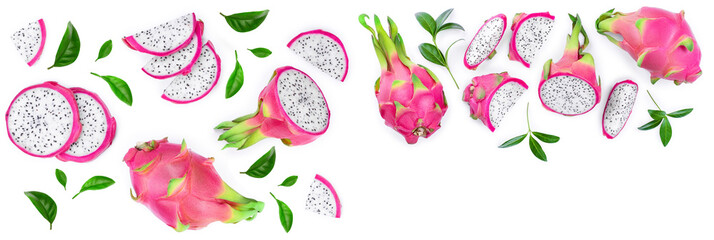 Dragon fruit, Pitaya or Pitahaya isolated on white background. Top view. Flat lay