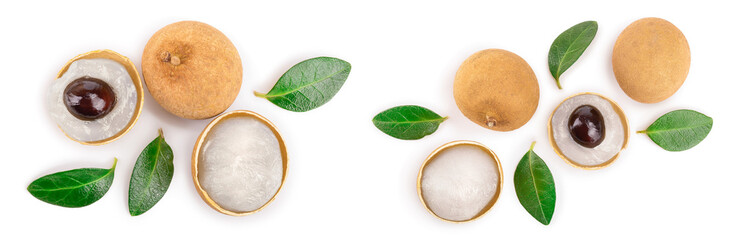 Fresh longan fruit with leaves isolated on white background. Top view. Flat lay