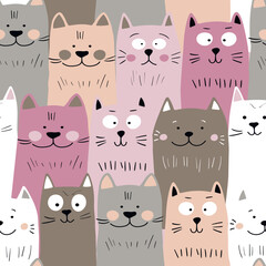 Seamless pattern with cute kitten print. Different scandy cats on color background. Scandinavian style illustration for kids. Vector illustration for fabric, textile, wallpaper, home clothing, pajama