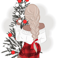 Stylish girl decorates the Christmas tree vector illustration