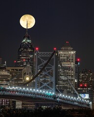 Bright yellow full moon over Philadelphia skyline with Benjamin Franklin Bridge