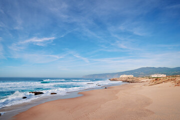 Beautiful view of ocean beach Praia da Cresmina, Portugal.