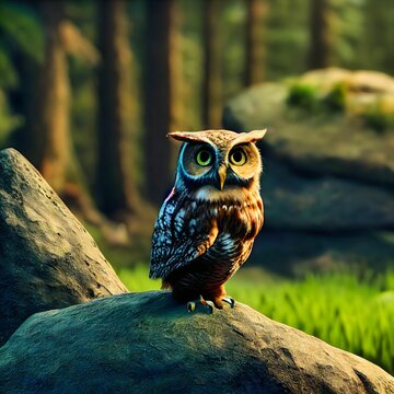 Closeup shot of a Great horned owl sitting on rock with blurred background in the forest