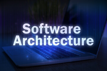 Software Architecture text on blue technology background with laptop.