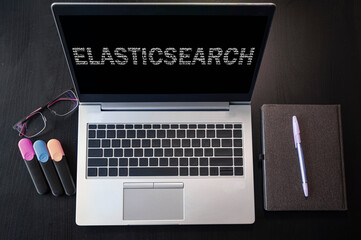 Top view of laptop with text Elasticsearch.