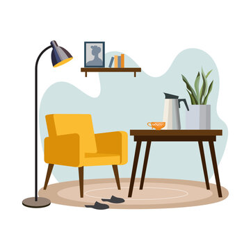 Living room interior in modern style. Armchair and table. A cup of coffee is on the table. Flat vector illustration.