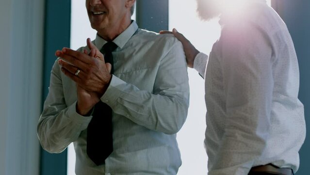 Business men, clapping hands and applause with partner employees and staff in celebration of success and goal achievement as team. Male corporate workers in office for appreciation and congratulation
