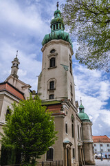 Fototapeta na wymiar Tower of Protestant Church in historic part of Pszczyna city, Poland