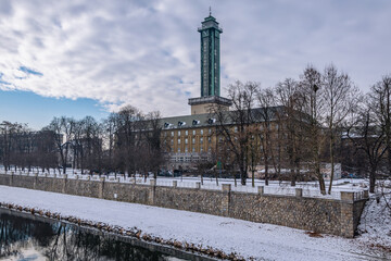 Fototapeta na wymiar New City Hall and Ostravice river in Ostrava city, Czech Republic