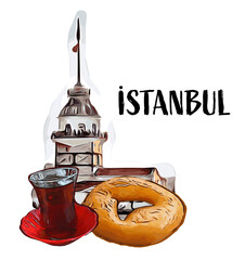 Maiden's Tower vector design with Turkish tea and bagel. 