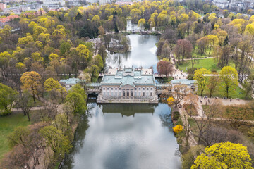 Drone photo of Palace on the Isle in Lazienki Park in Warsaw, Poland