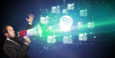 Young person with megaphone and business icon