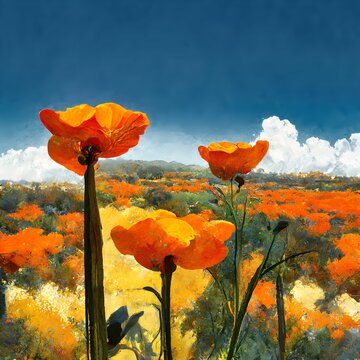 Beautiful acrylic painting of a field with red poppies in the countryside