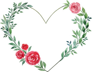 Heart wreath with green leaves and red roses. Red rose frame. Watercolor illustration.