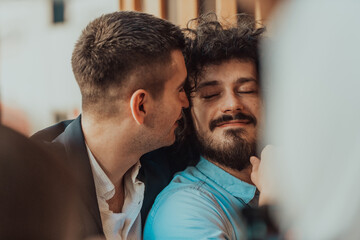 Portrait of multiethnic diverse gay LGBT romantic male couple embracing and showing their love