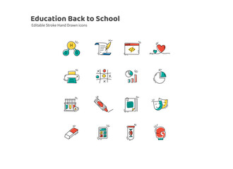 This is a set of Editable stroke hand-drawn icons. An illustrated theme of school, college, university, and more.