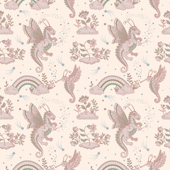 Seamless pattern with magical characters. Childish repeating background with a cute baby dragon and a winged horse. Fabulous clouds and rainbow in pastel colors. Vector illustration.