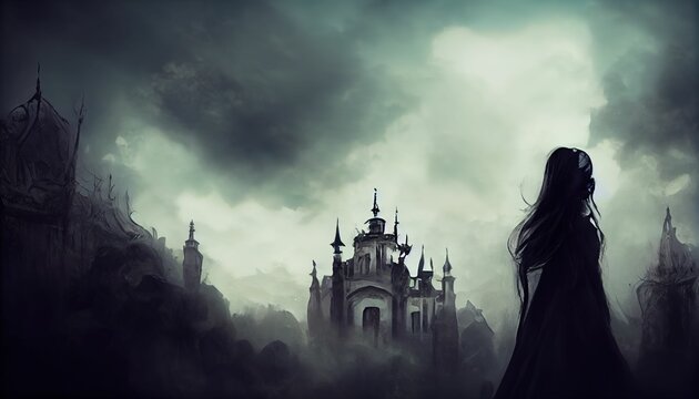 Illustration of a creepy castle and a female