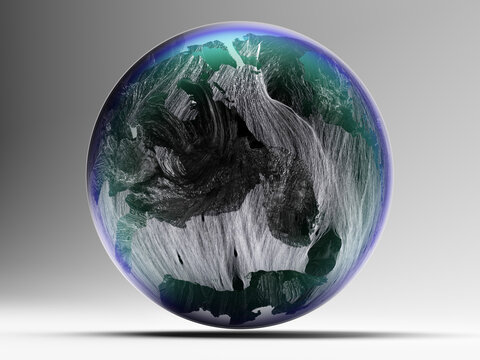 3d render with flying abstract art 3d damaged broken cracked ball sphere planet with surreal neon glowing purple green glass atmosphere and rock metal or iron surface inside on grey background 