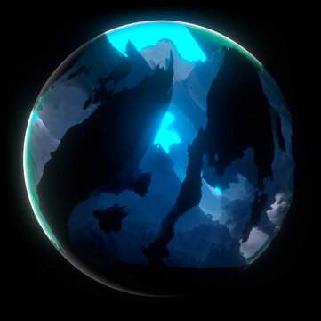3d render of abstract art 3d glass ball or sphere planet with rough rock surface inside with big crack in the middle with glowing neon azure blue light inside on isolated black background 
