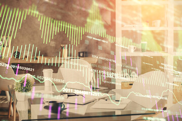 Multi exposure of stock market chart drawing and office interior background. Concept of financial analysis.