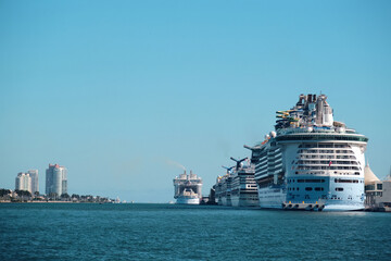 A queue of large cruise ships at the harbor with clear blue sky and a cityscape on the background...