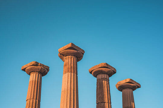 Doric columns of Temple of Athena. Assos Ancient City ruins. Behramkale, Turkey.