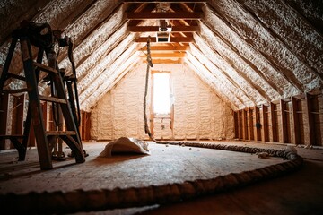 Inside view of an attic covered with spray foam - obrazy, fototapety, plakaty