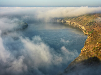 Beautiful autumn landscape at sunrise. picturesque river canyon. nature of Ukraine
